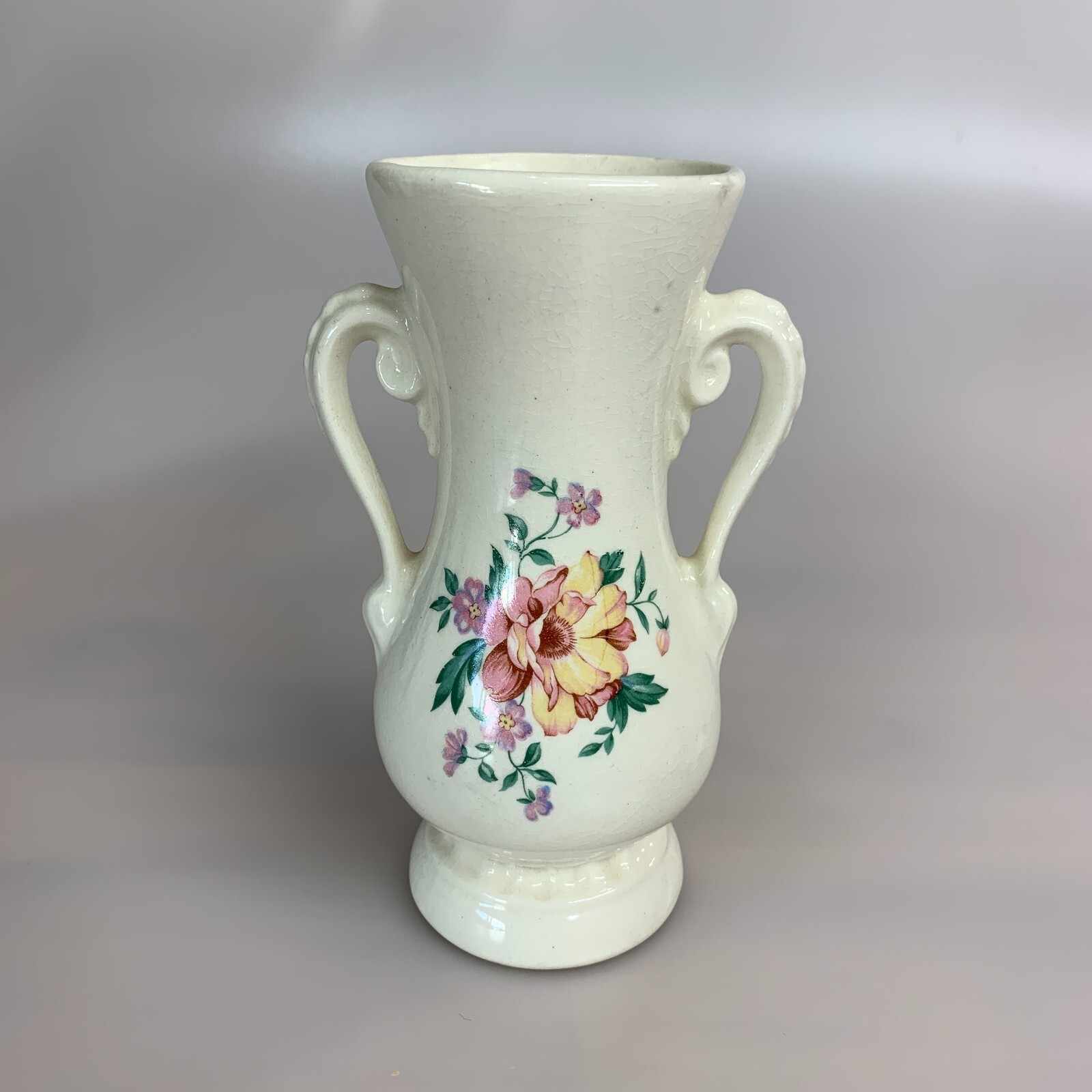 Vintage White Royal Copley Floral Design Double Handled 6'' Flower Vase