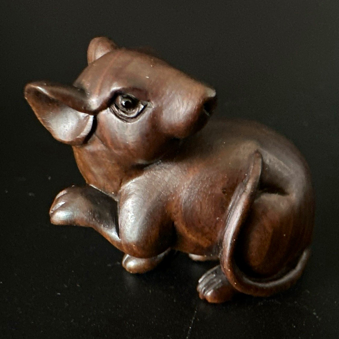 Asian Hand Carved signed Wooden Mouse Figurine 