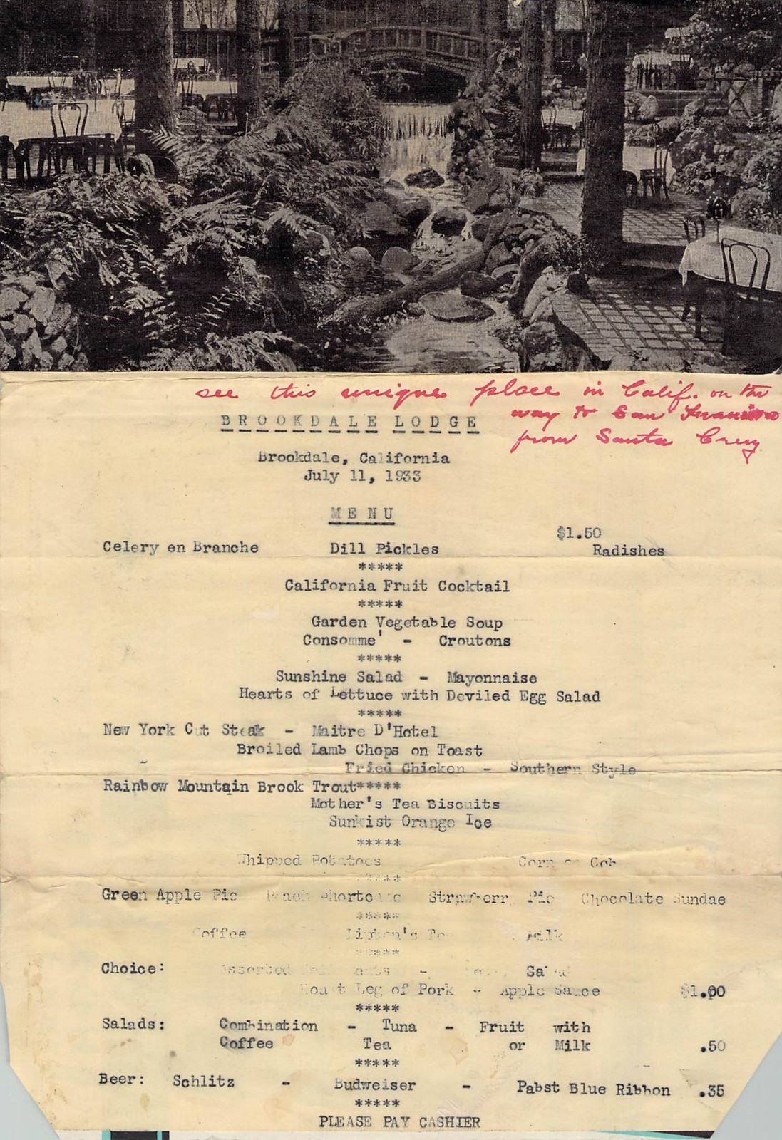 Rare 1933 Brookdale Lodge Menu Dated CA Restaurant History Dining Room 7/11/33 Rare 1933 Brookdale Lodge Menu Dated CA Restaurant History Dining Room 7/11/33
