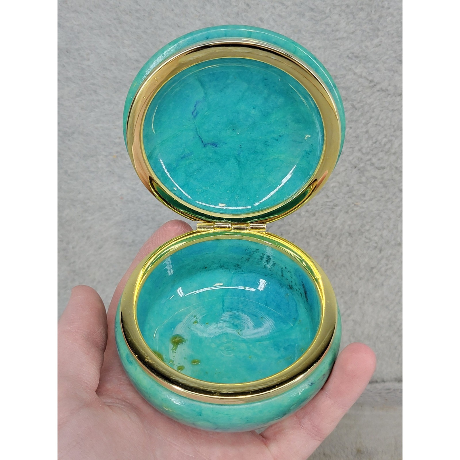Vintage Genuine Alabaster Hand Carved Italy Trinket Box Turquoise Teal 4