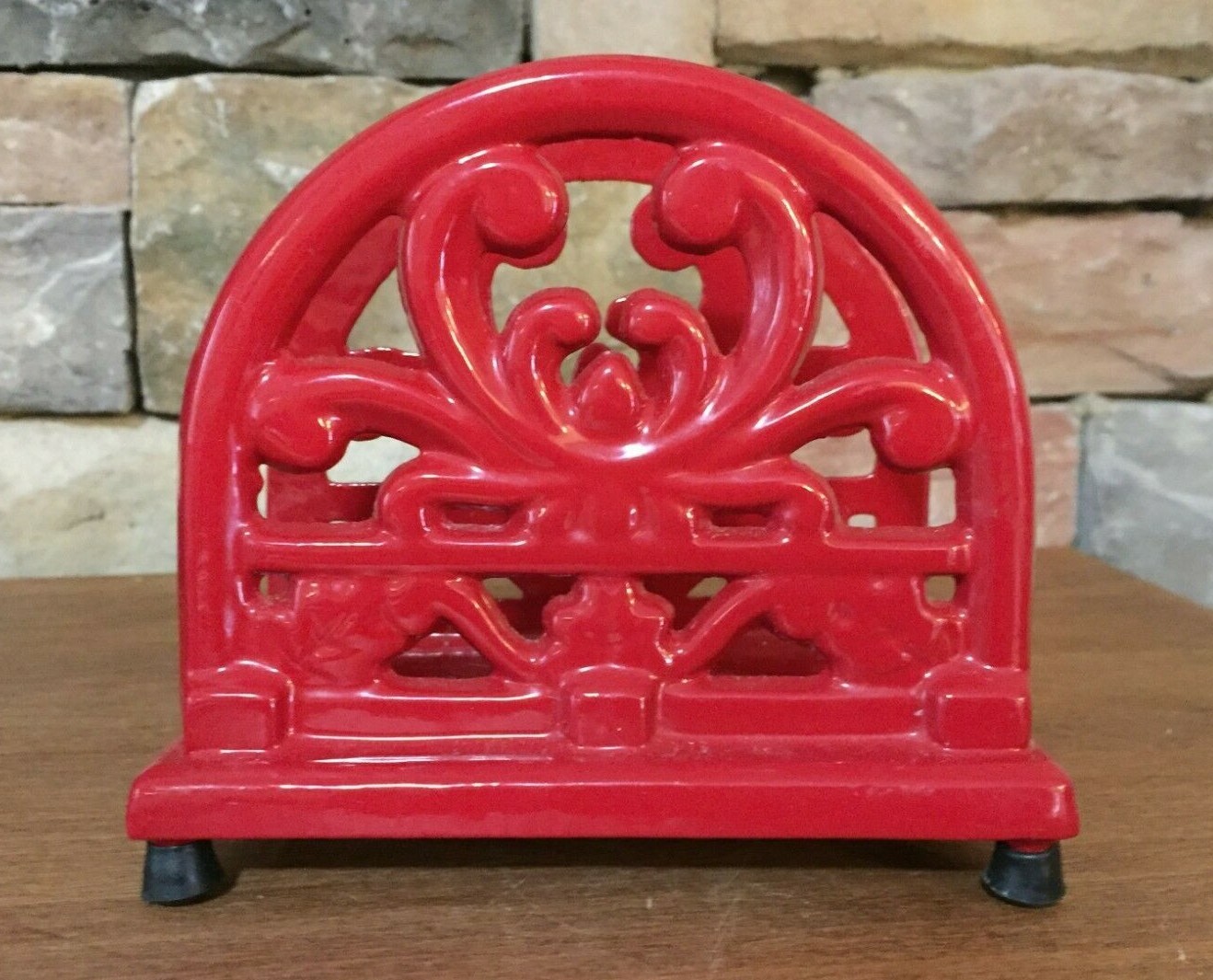 Cast Iron~Red~Enameled~Rounded~Napkin Holder 