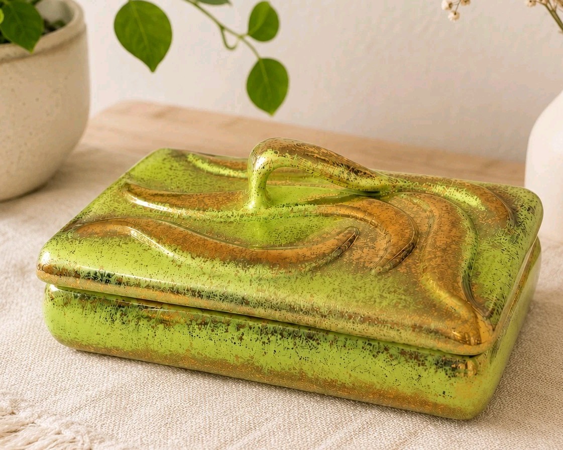 Vintage Yona California Pottery #334 Covered Box Green Gold MCM 1950s Signed