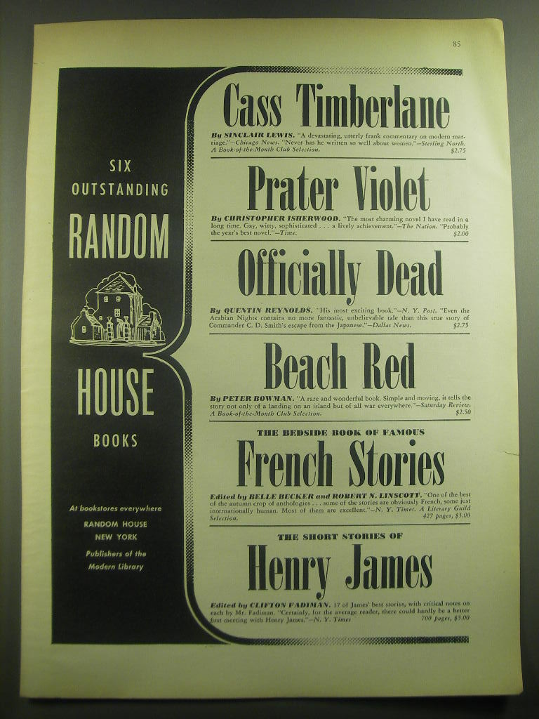 1946 Random House Books Advertisement - Cass Timberlane by Sinclair Lewis