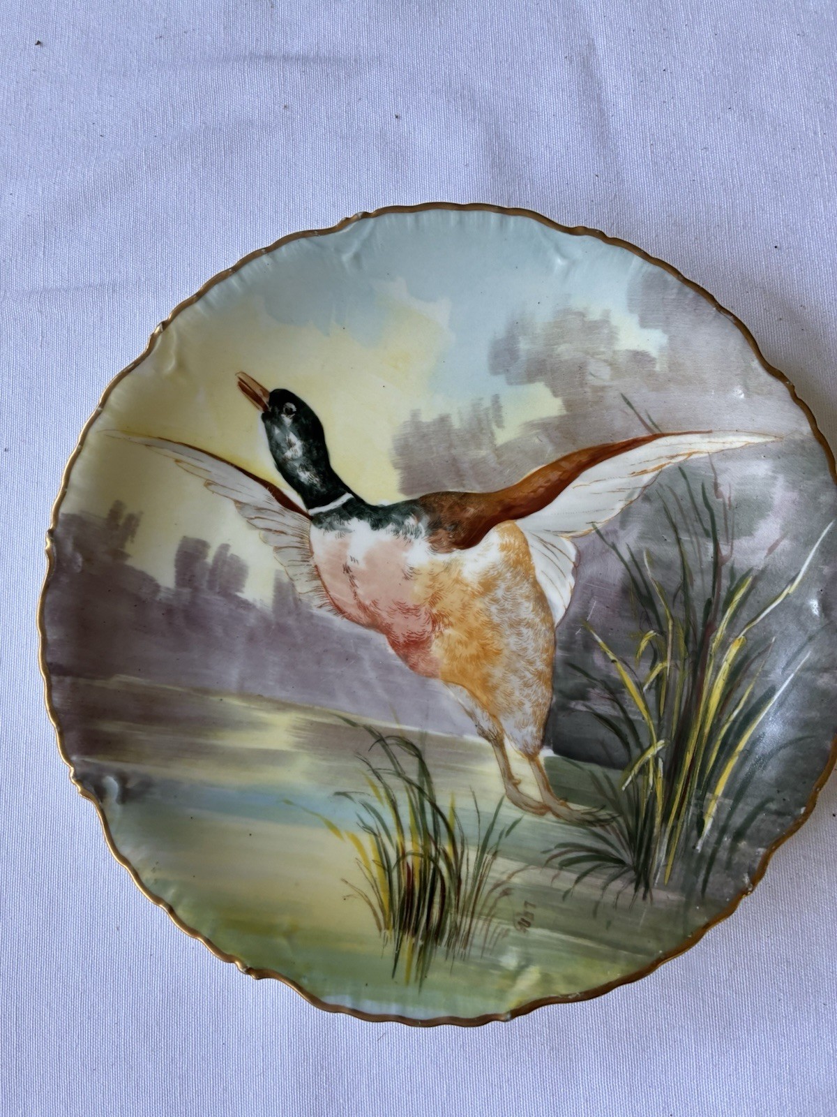 Antique Limoges Elite Hand Painted Duck Porcelain Plate Scalloped 9.25” France