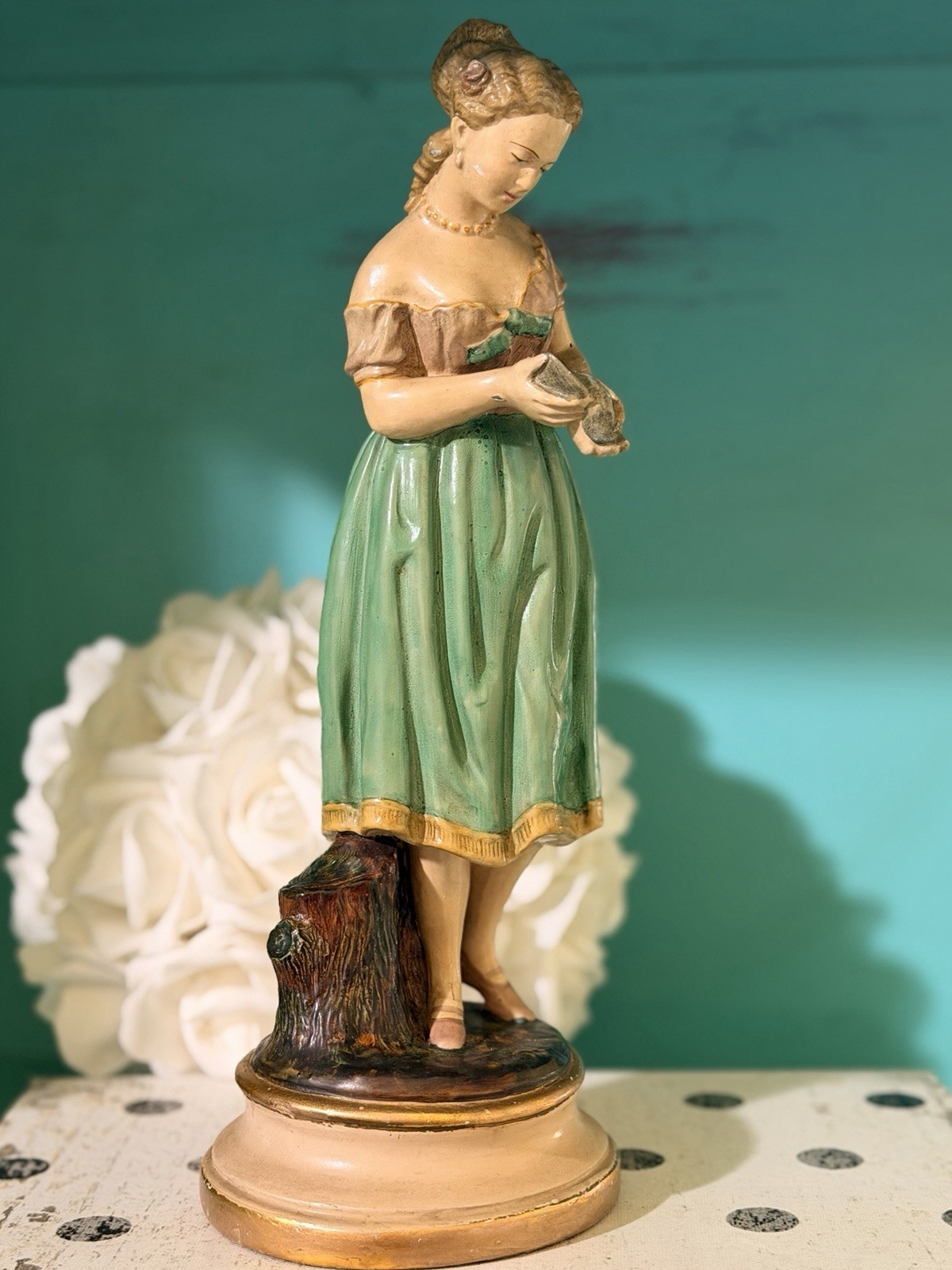 VTG Borghese Handpainted Peasant Girl Holding a Bird Chalkware Figurine 11
