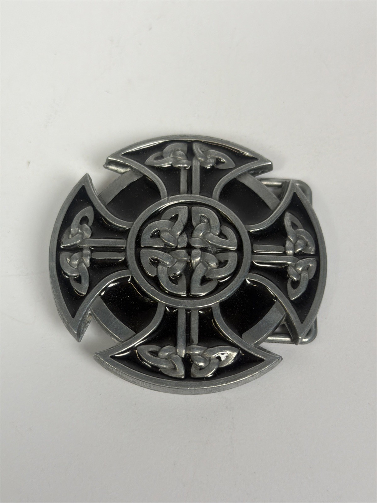 Celtic Cross Belt Buckle Silver Tone Black Enamel Western Gothic
