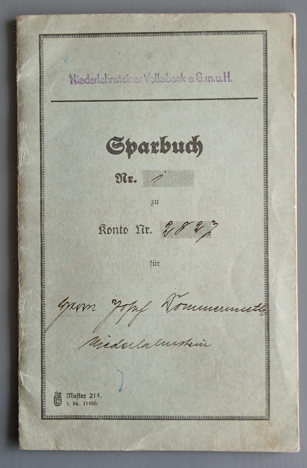 Niederlahnstein Volksbank eGmbH savings book from March 1934 Josef Dommermuth 14 pages