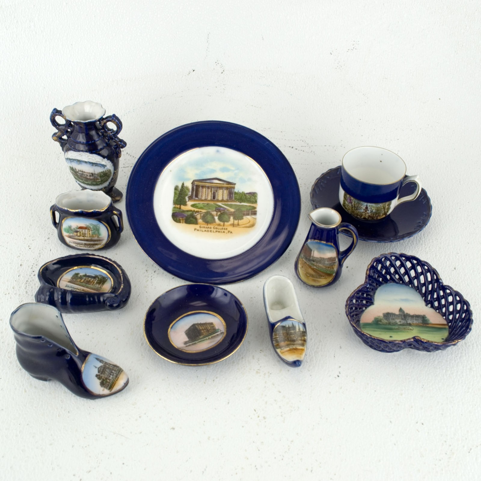 Lot of 10 Victorian Cobalt Blue & Gold Pennsylvania Souvenir Ceramics -Landmarks