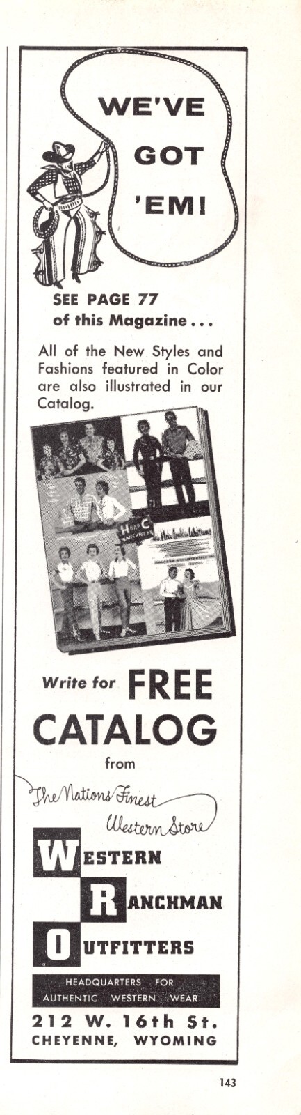 Western Ranchman Outfitters Cheyenne Wyoming Cowboy Store 1959 Vtg Mag Print Ad