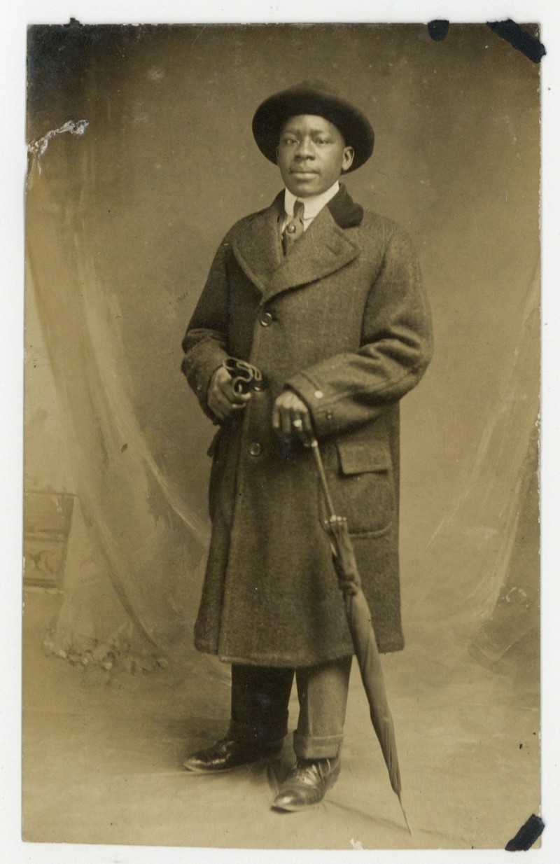 Stylish African American Gentleman 1900 Black Fashion Coat Umbrella Gloves RPPC