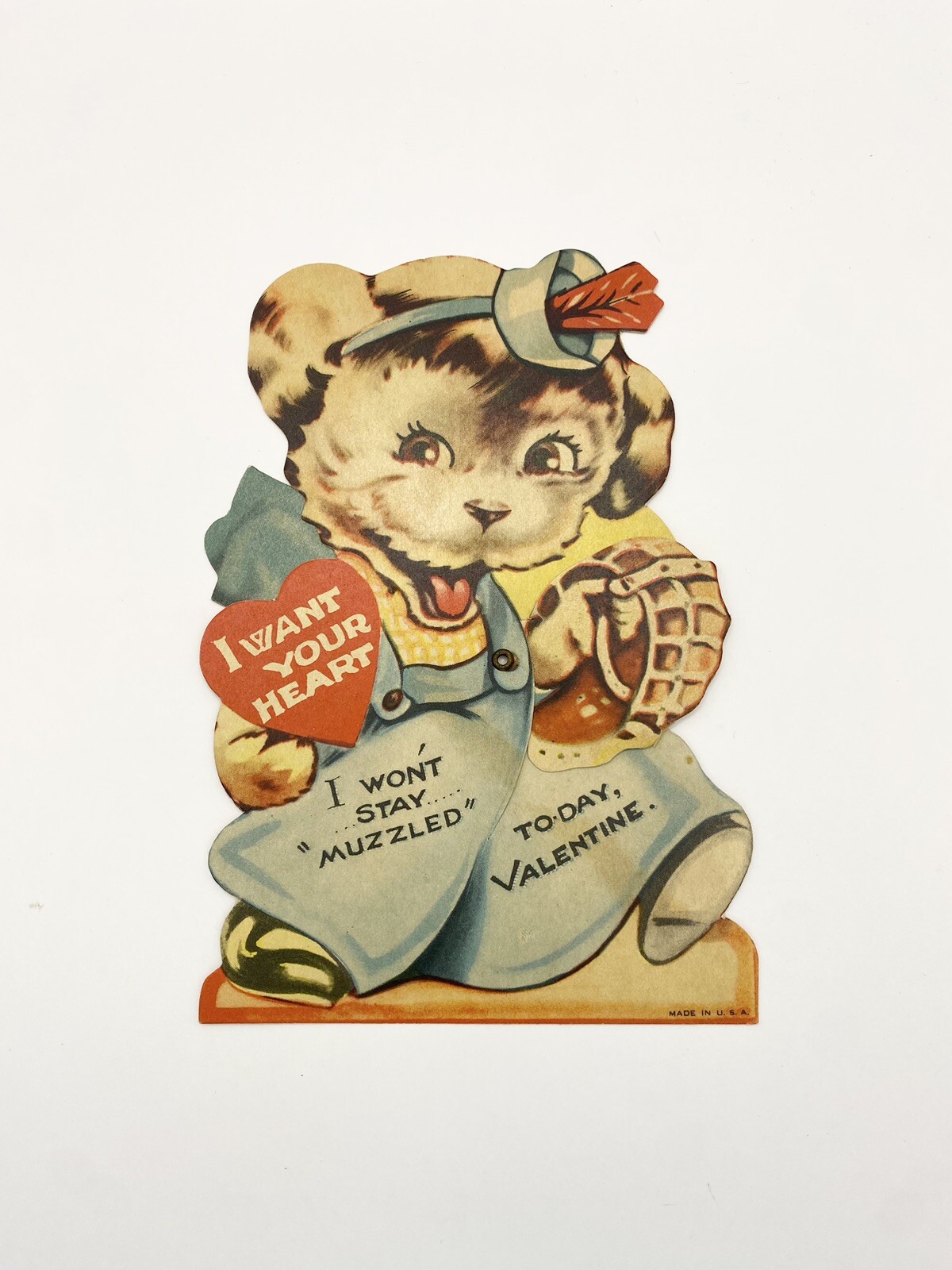 Vintage Valentine Mechanical Standee Card Kitsch Puppy Dog Pun USA 1930s