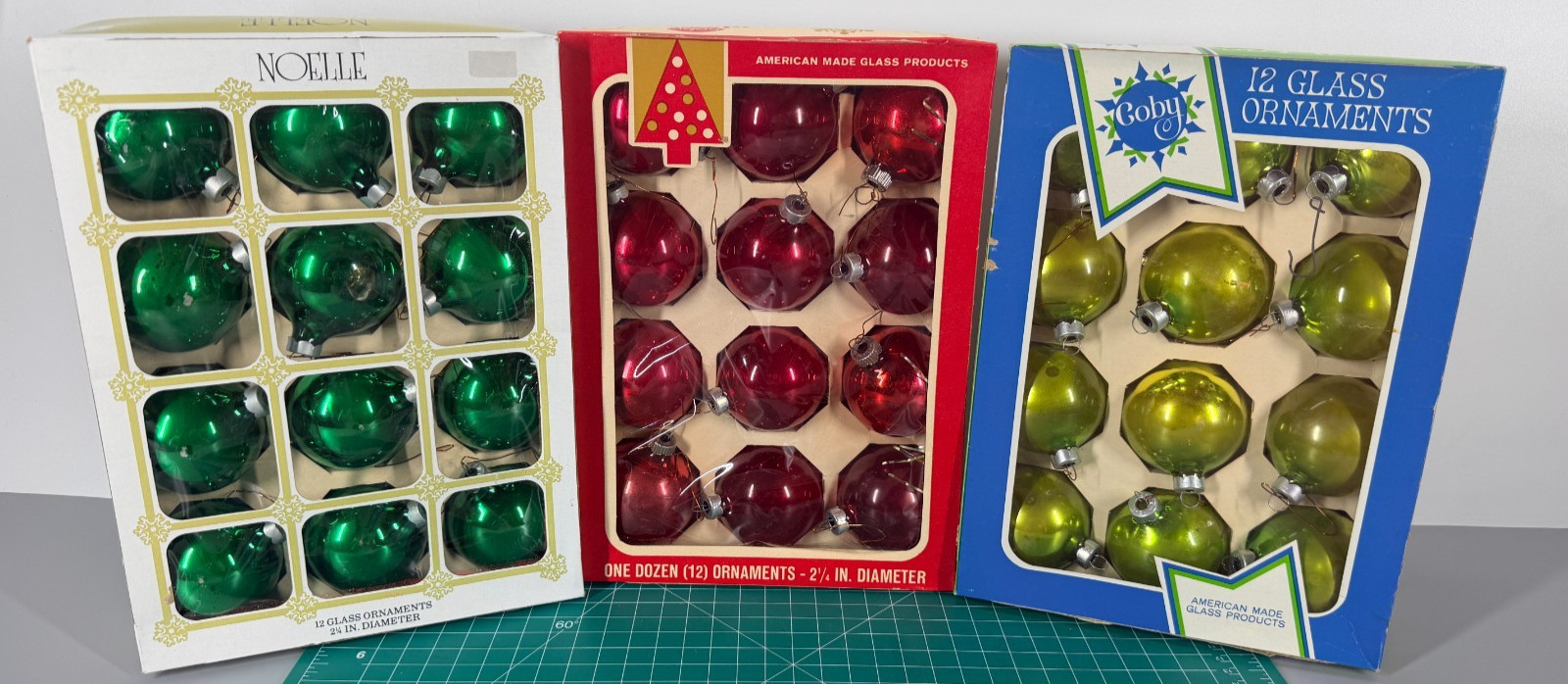 Vintage Coby Glass Ball Lot of 3 Green Red Christmas Ornaments Made In Box USA