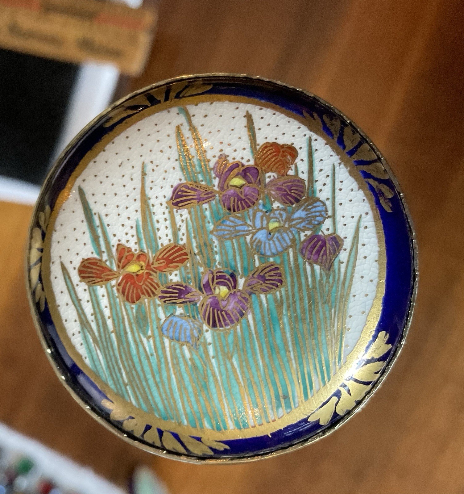 Antique Satsuma Hat Pin Flowers in Grass Cobalt Edge Signed