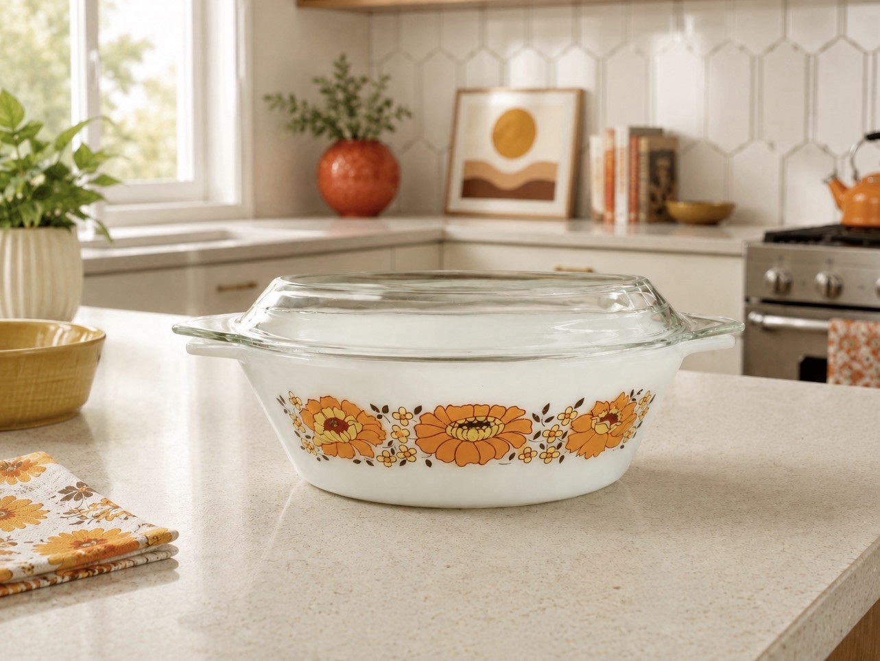 Vintage JAJ Pyrex Toledo casserole dish&lid 509 orange flower power retro