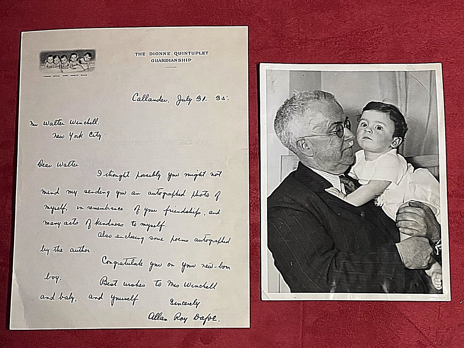 DIONNE QUINTS DR DAFOE 1935 SIGNED/HANDWRITTEN LETTER TO WALTER WINCHELL W/PHOTO