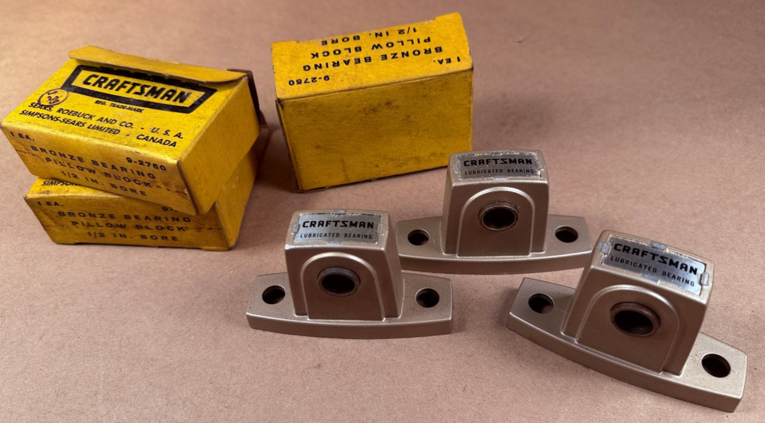 3 NOS in Box Sears Craftsman 1/2” bore, Bronze Bearing Pillow Block - Crown Logo