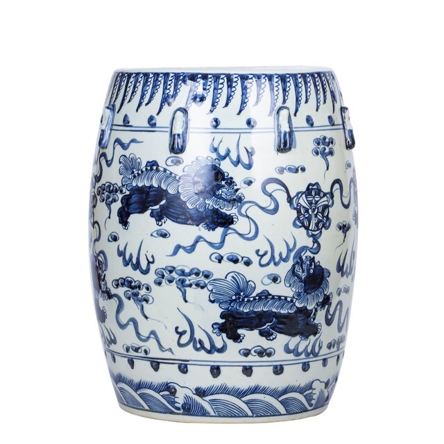 Blue and White Porcelain Foo Dog Motif Garden Stool