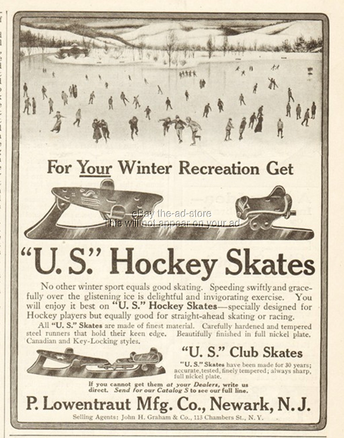 1910 P. Lowentraut Mfg. Co. Newark NJ U.S. Hockey Club Ice Skates Magazine Ad