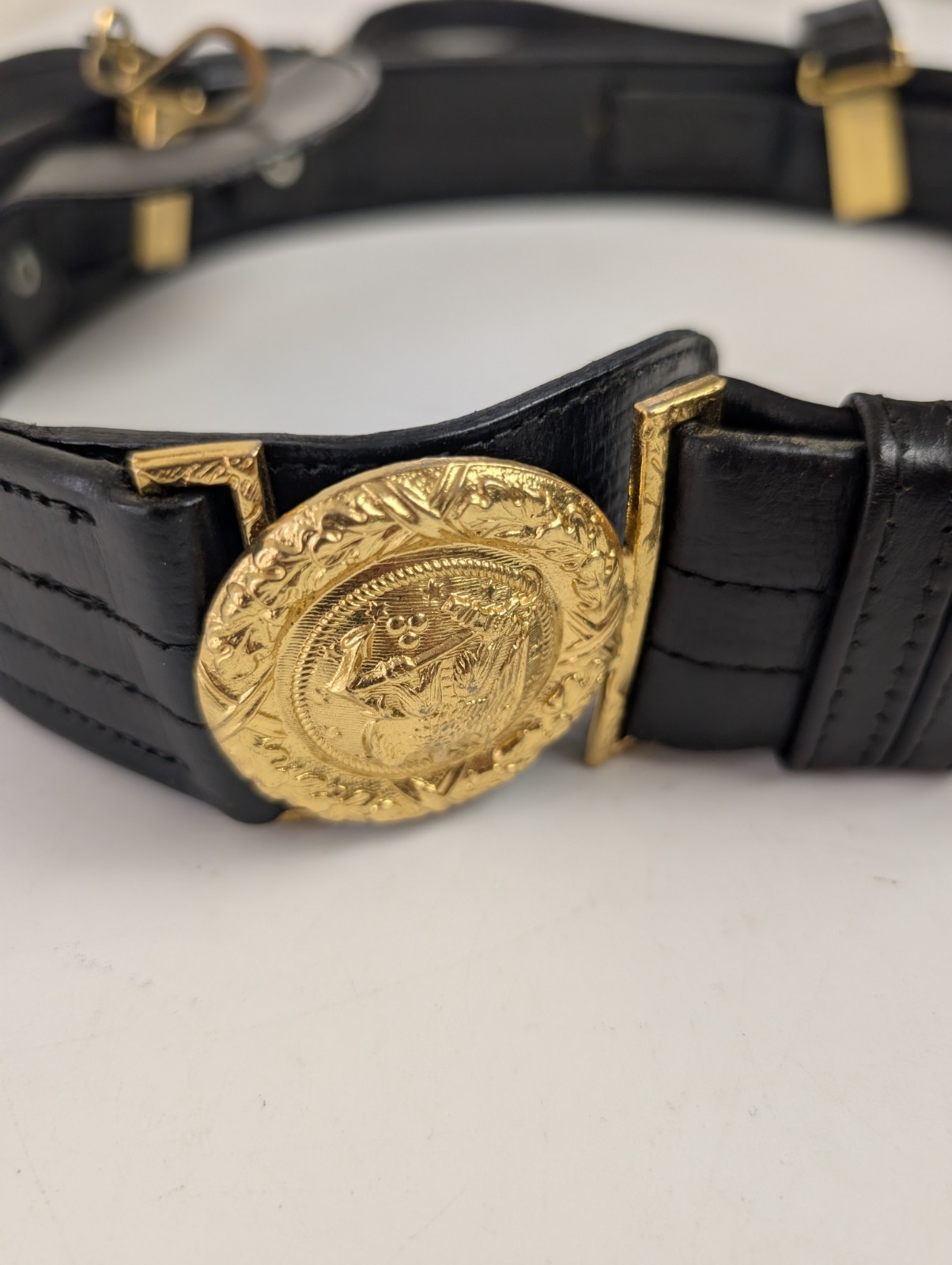 Vintage Gemsco Black Leather Sam Browne Military Belt Shoulder Strap Brass...