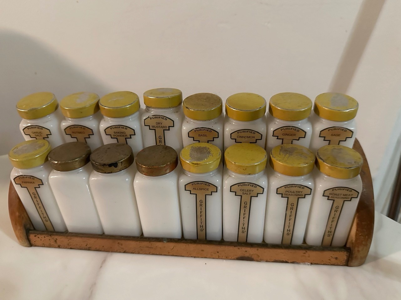 Vintage 16 Pc Griffiths Spice Set Milk Glass Black Lids with Original Stand