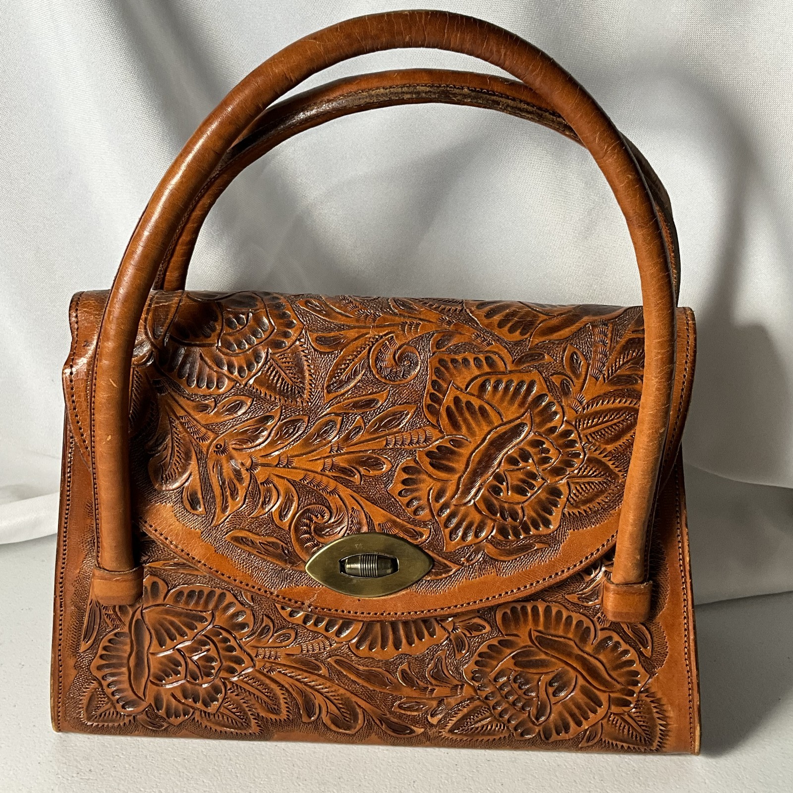 Vintage Tooled Leather Handbag Purse Mexico Lopez 1950s Mid Century Floral