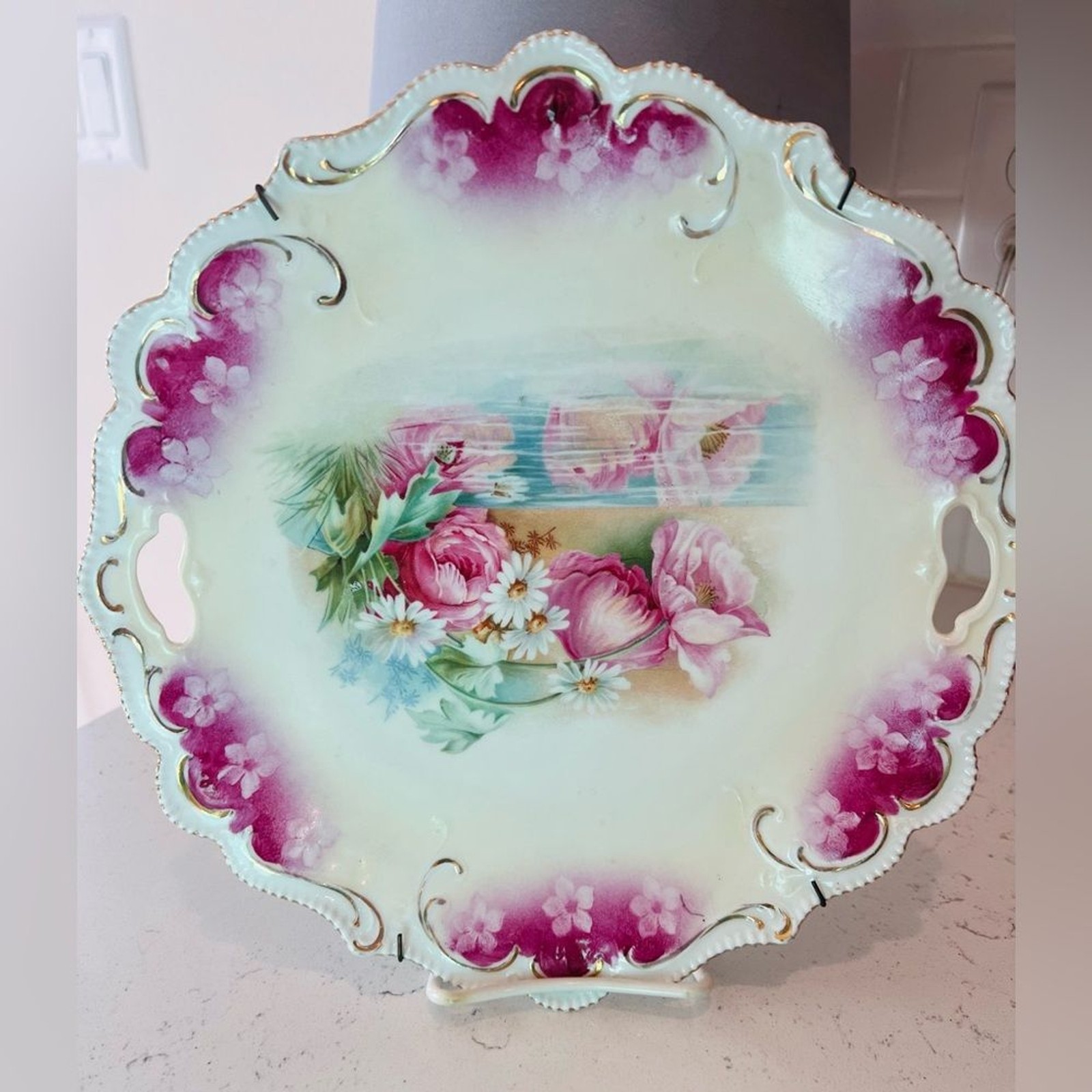 Antique RS Prussia Porcelain Cake Plate 11” Pink Roses Floral Gold Handled