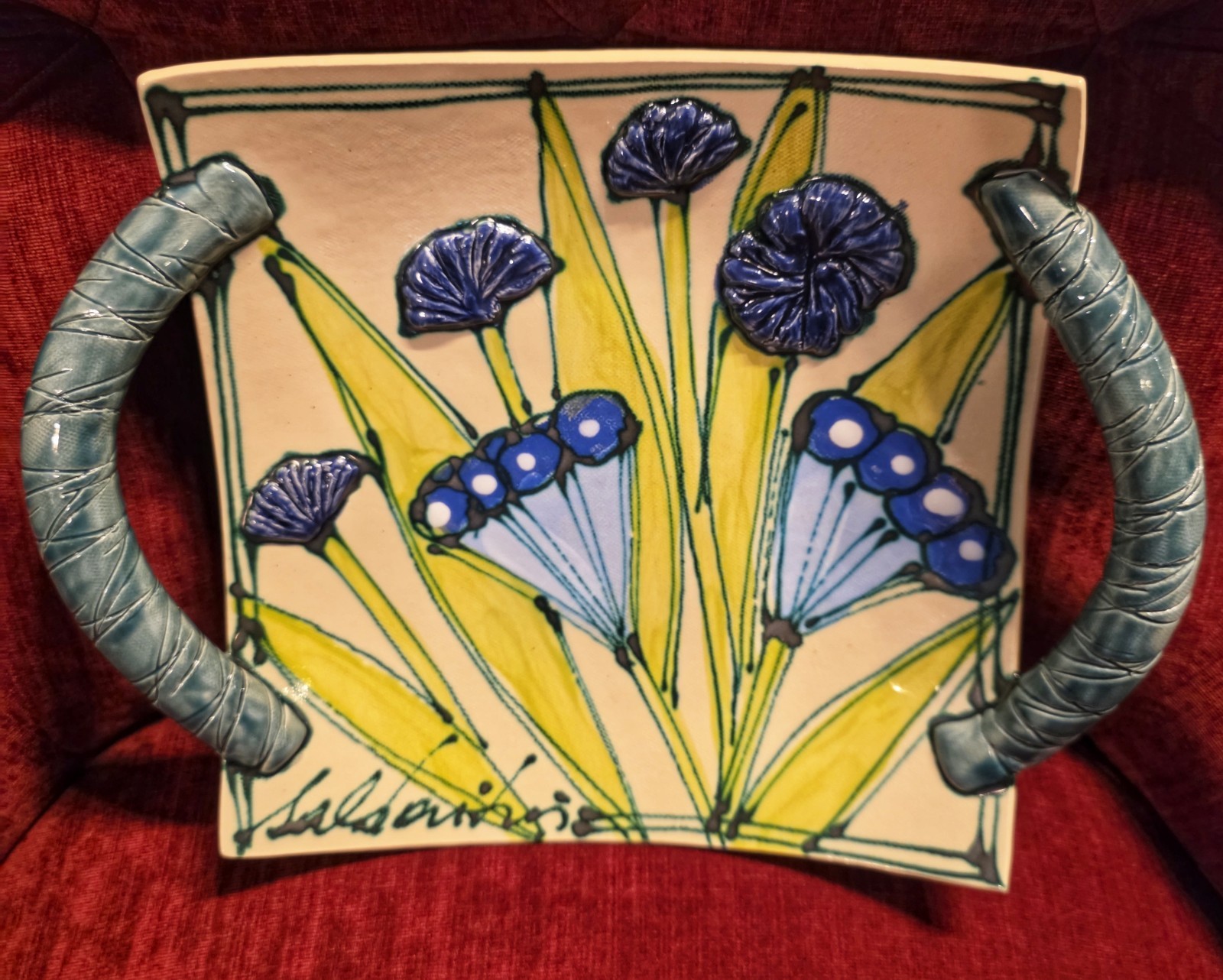 Hand Painted Ceramic Plate by Lithuanian Artist Rasa Saldaitis. Signed. 9x12