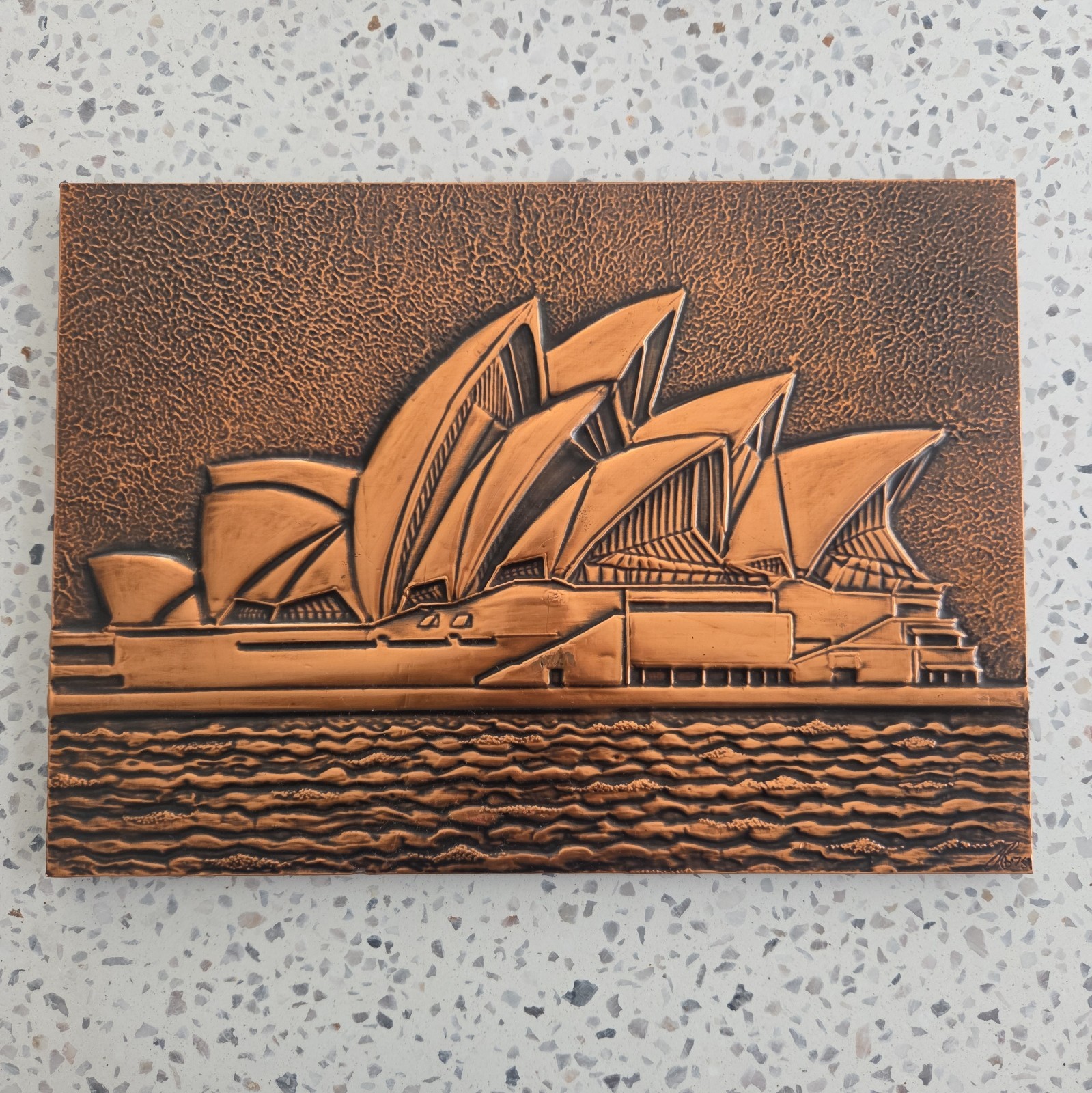 VINTAGE 1975 Mid Century COPPER EMBOSSED WALL ART Sydney Opera House 35.5x25.5cm