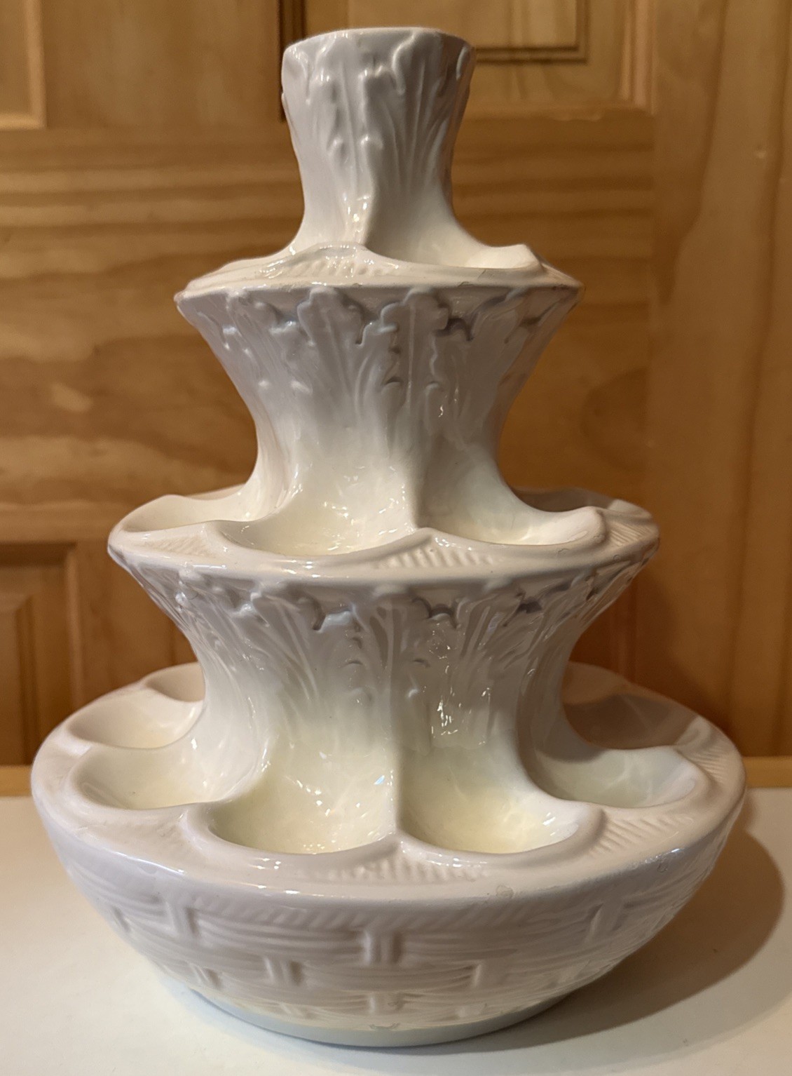 Rare Italian Ceramic Egg Or Oyster Tower Vintage  9.5 Inches Tall 4 Tier White