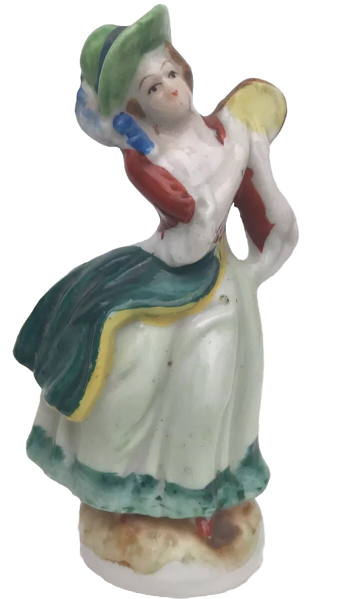 VTG Tambourine Lady Figurine Woman Victorian Hand Painted Antq 1940s Music Japan VTG Tambourine Lady Figurine Woman Victorian Hand Painted Antq 1940s Music Japan