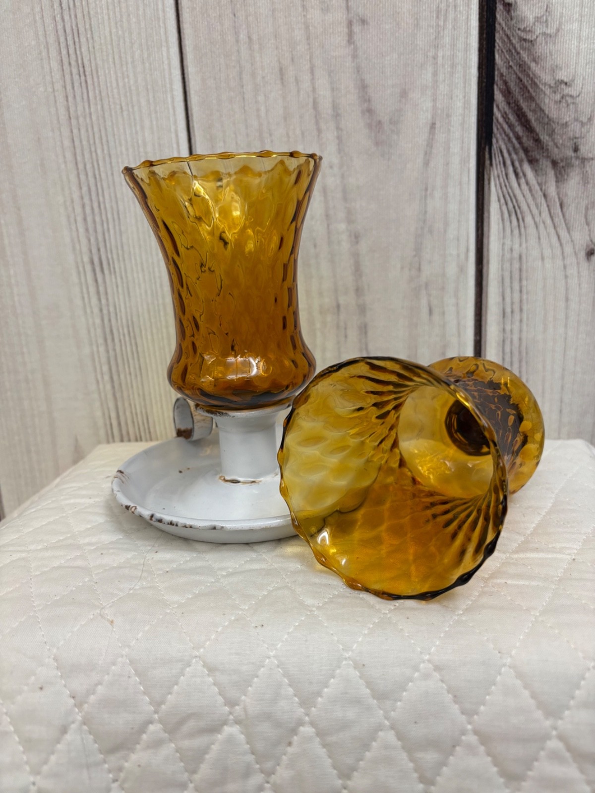 2 HOMCO SWIRL GLASS Amber SCONCE VOTIVE CUP CANDLE HOLDERS 5\
