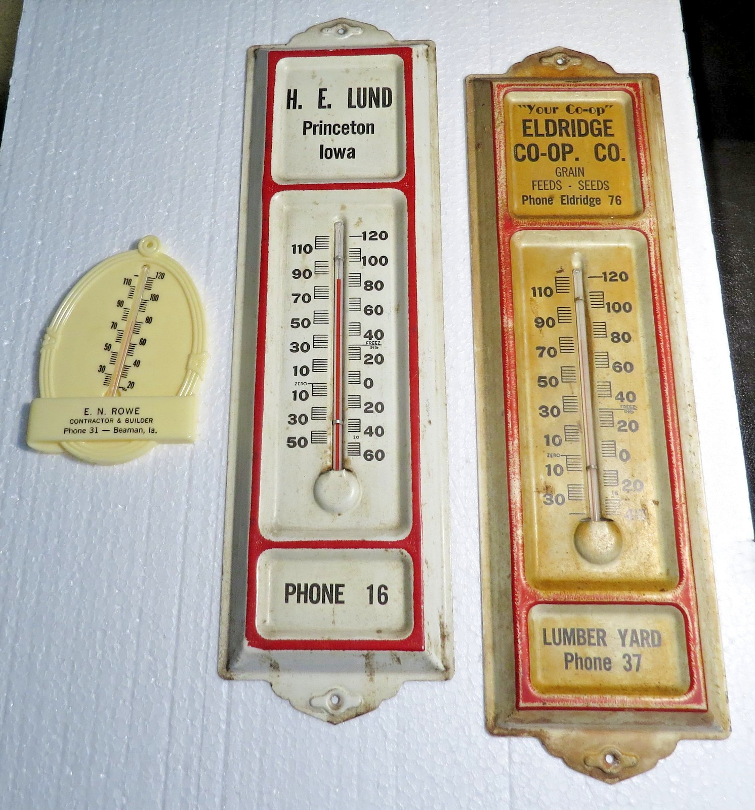 Lot of 3 Vintage Iowa Thermometers 2 Digit Phone #S Princeton, Eldridge, Beaman Lot of 3 Vintage Iowa Thermometers 2 Digit Phone #S Princeton, Eldridge, Beaman