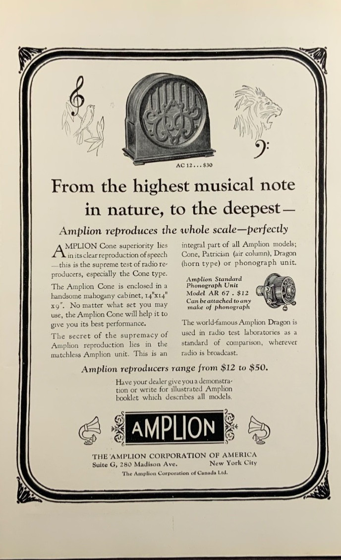 1927 Print Ad. Amplion Hi-Tech Speaker from 1927. White page, clean, not brittle