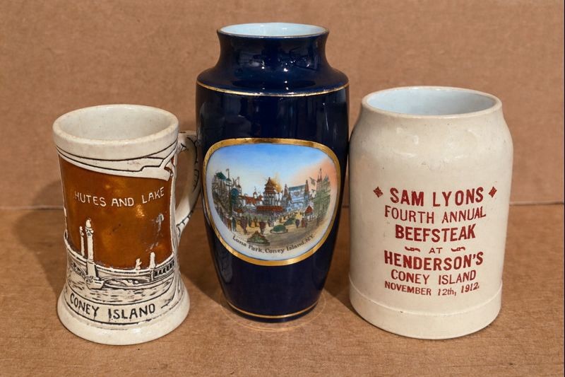 Vintage Coney Island Souvenirs Lot – Luna Park Vase, Stein & 1912 Beefsteak Mug