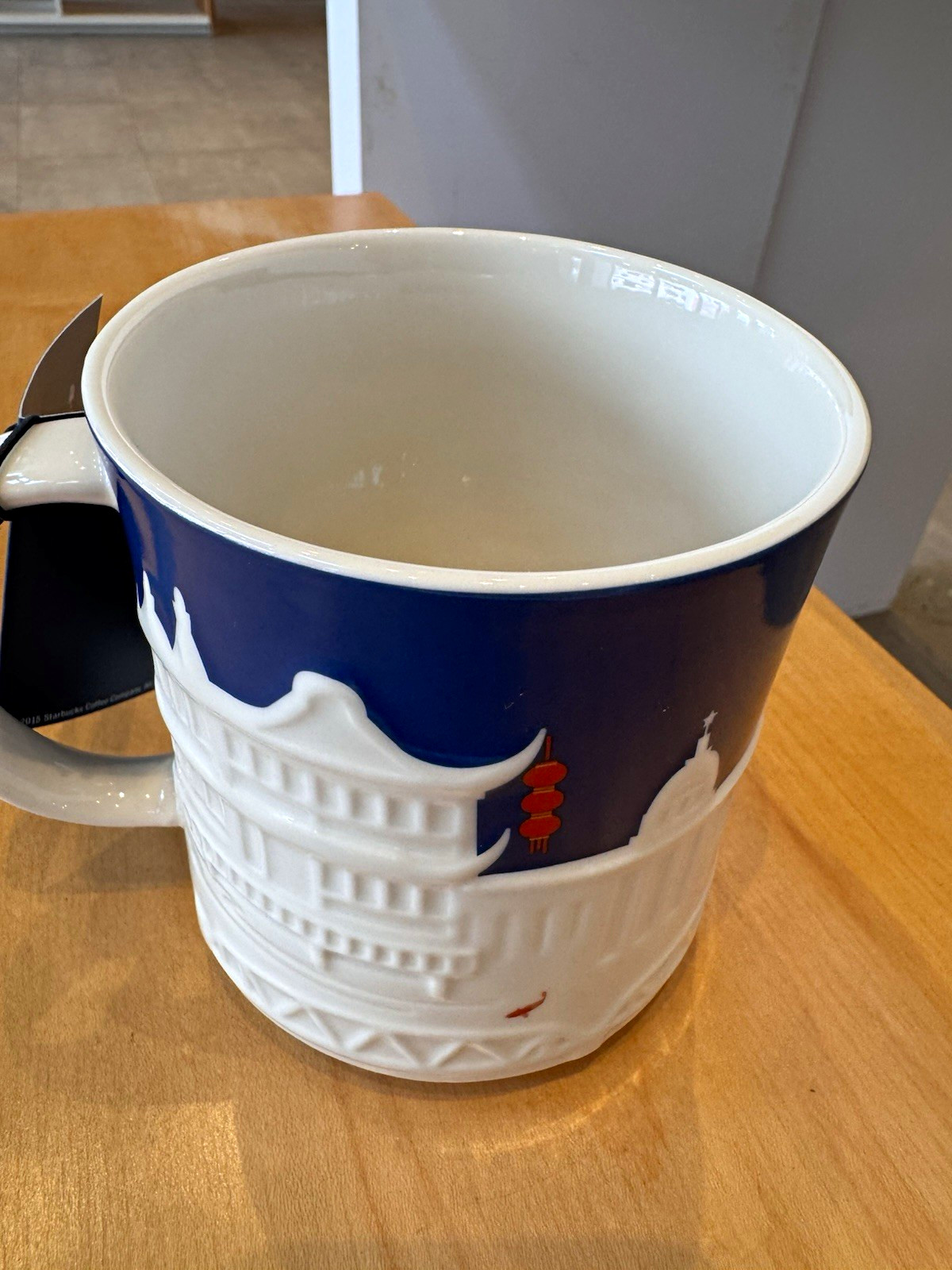 Starbucks Shanghai City Mug Blue & White Embossed Ceramic Coffee & Tea Mug