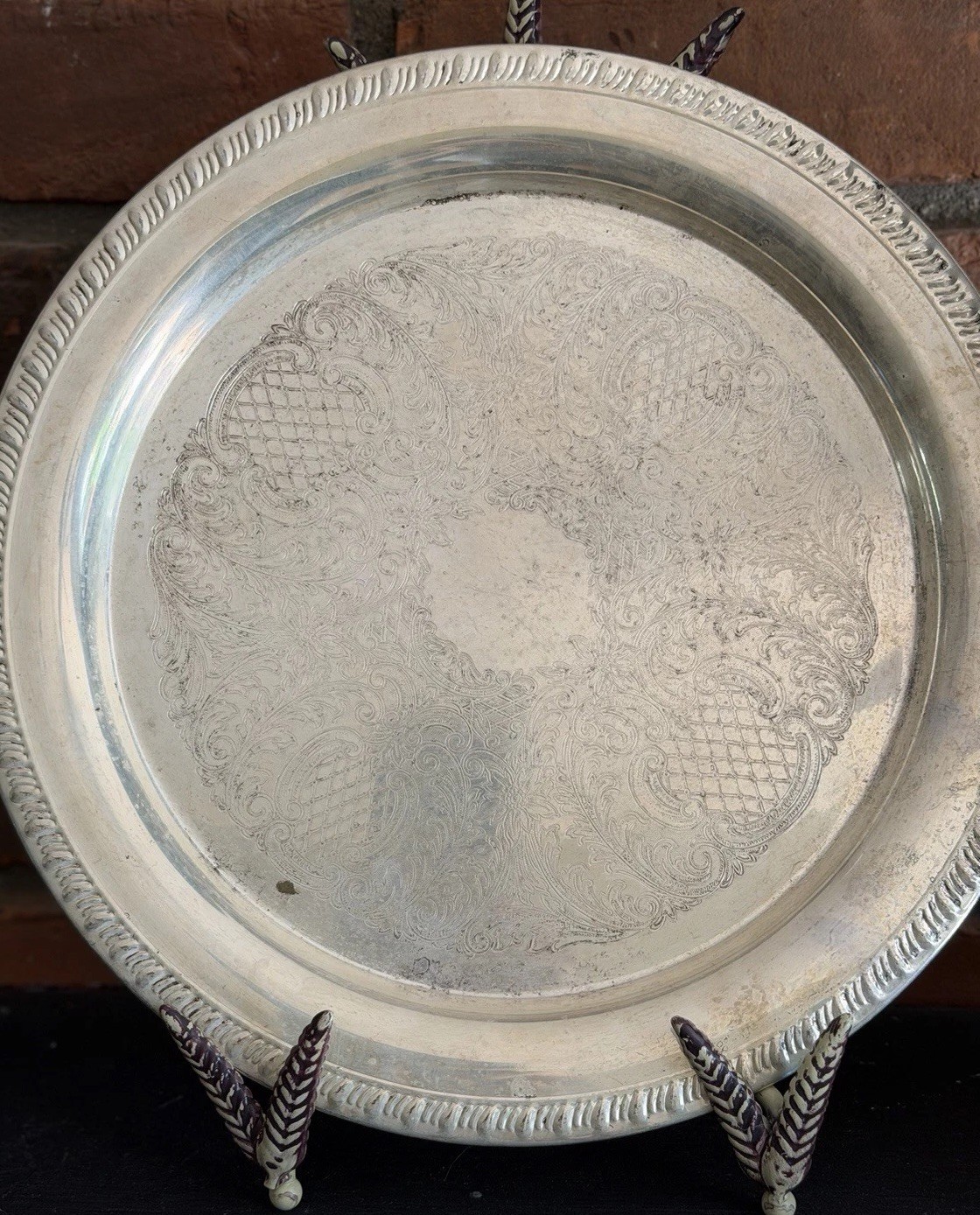 Leonard Silverplate Round Serving Tray Engraved Floral Scroll Pattern 12” Vntg