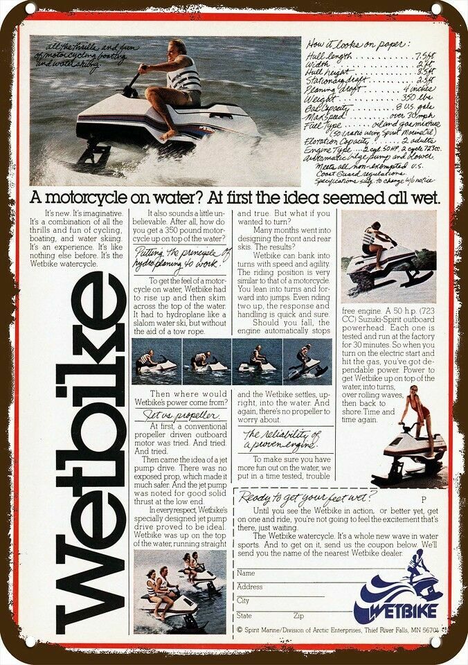 1979 WETBIKE Jet Ski Motorcycle on Water Vntg-Look DECORATIVE REPLICA METAL SIGN