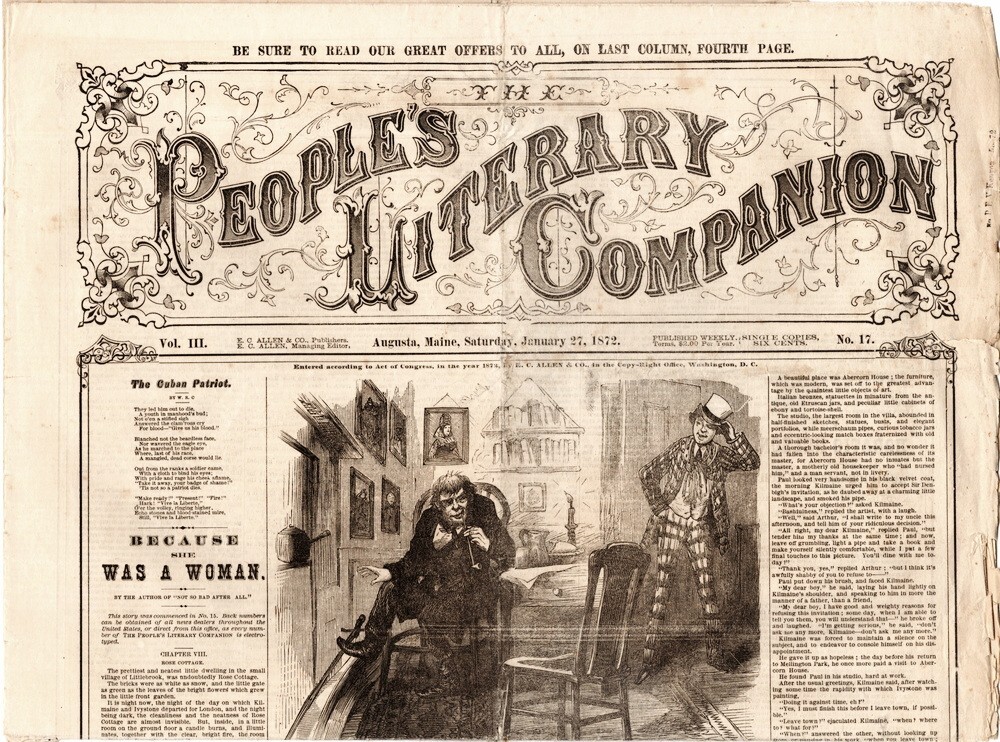 The People\'s Literary Companion, January 27, 1872, Full Page Broadsheet, RARE