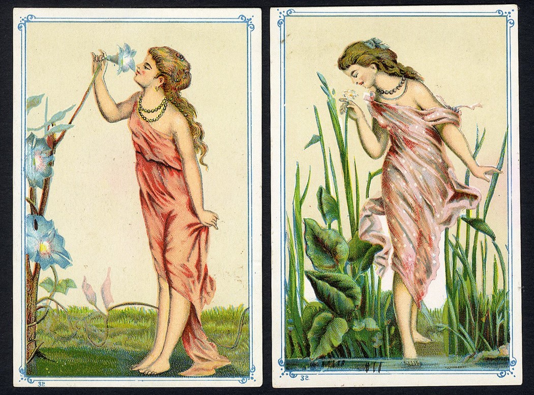 Young Woman in Pink 2 VICTORIAN Greeting Cards 1880's Smelling Flowers 