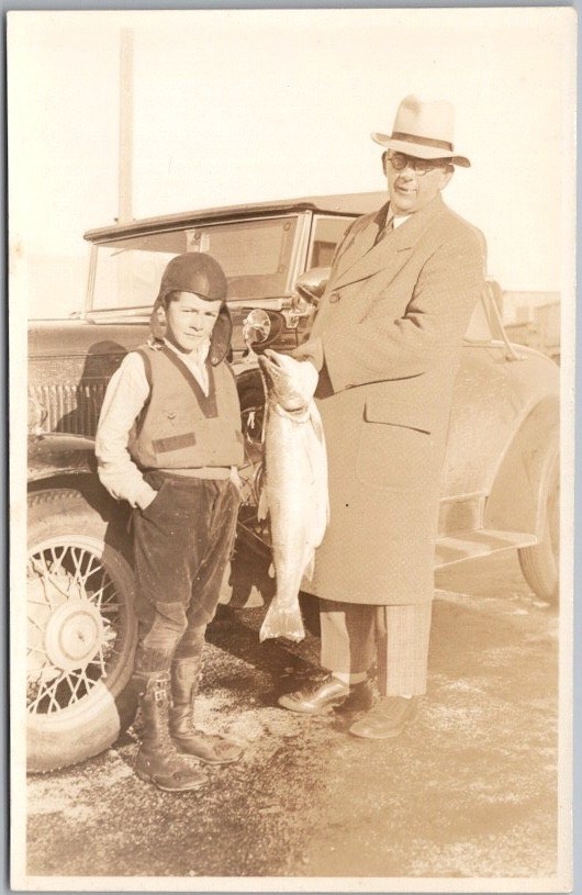 c1930s FISHING Real Photo RPPC Postcard - Father & Son Showing Off Their Fish