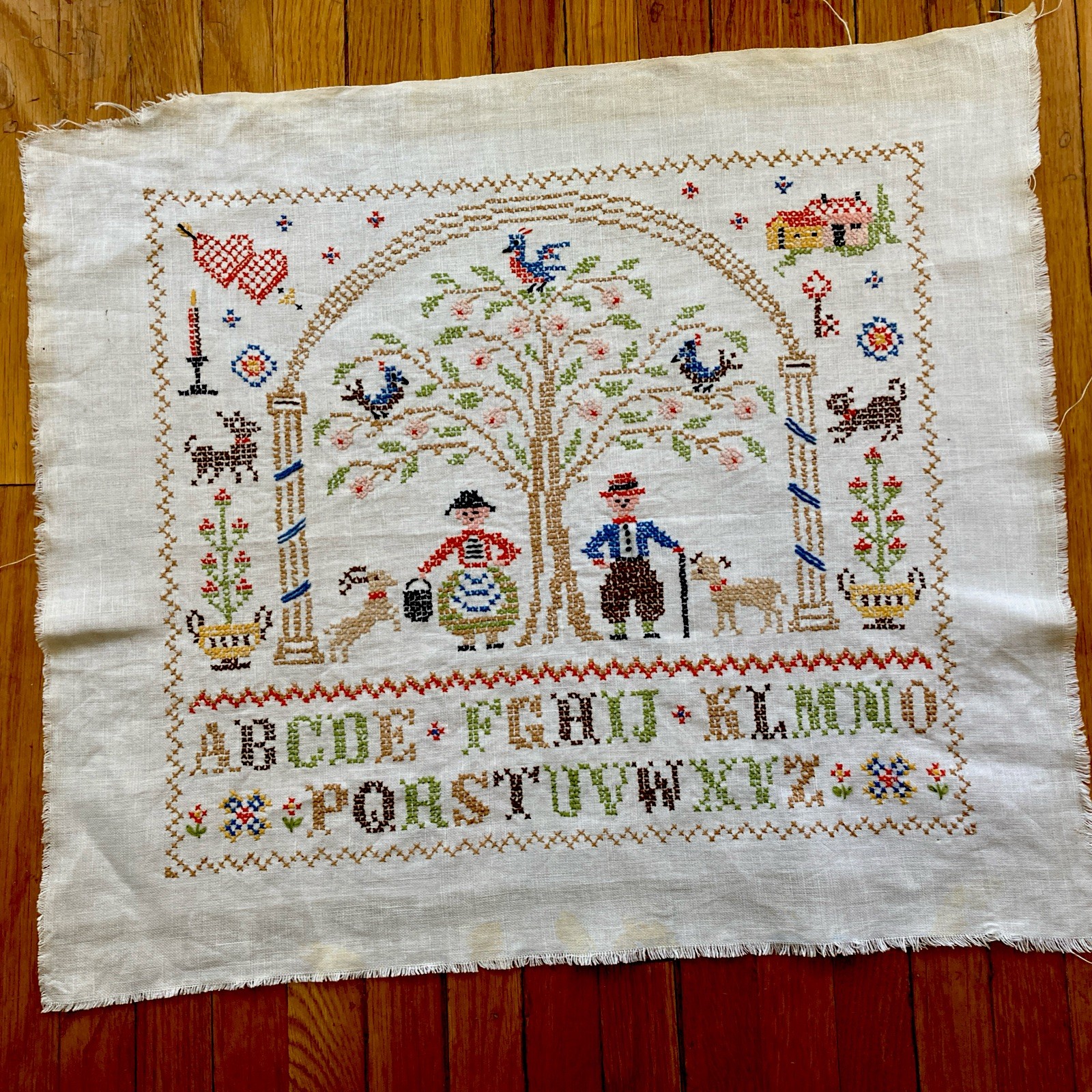 Vintage Primitive Sampler Completed Cross Stitch Handmade Farmhouse Cottagecore