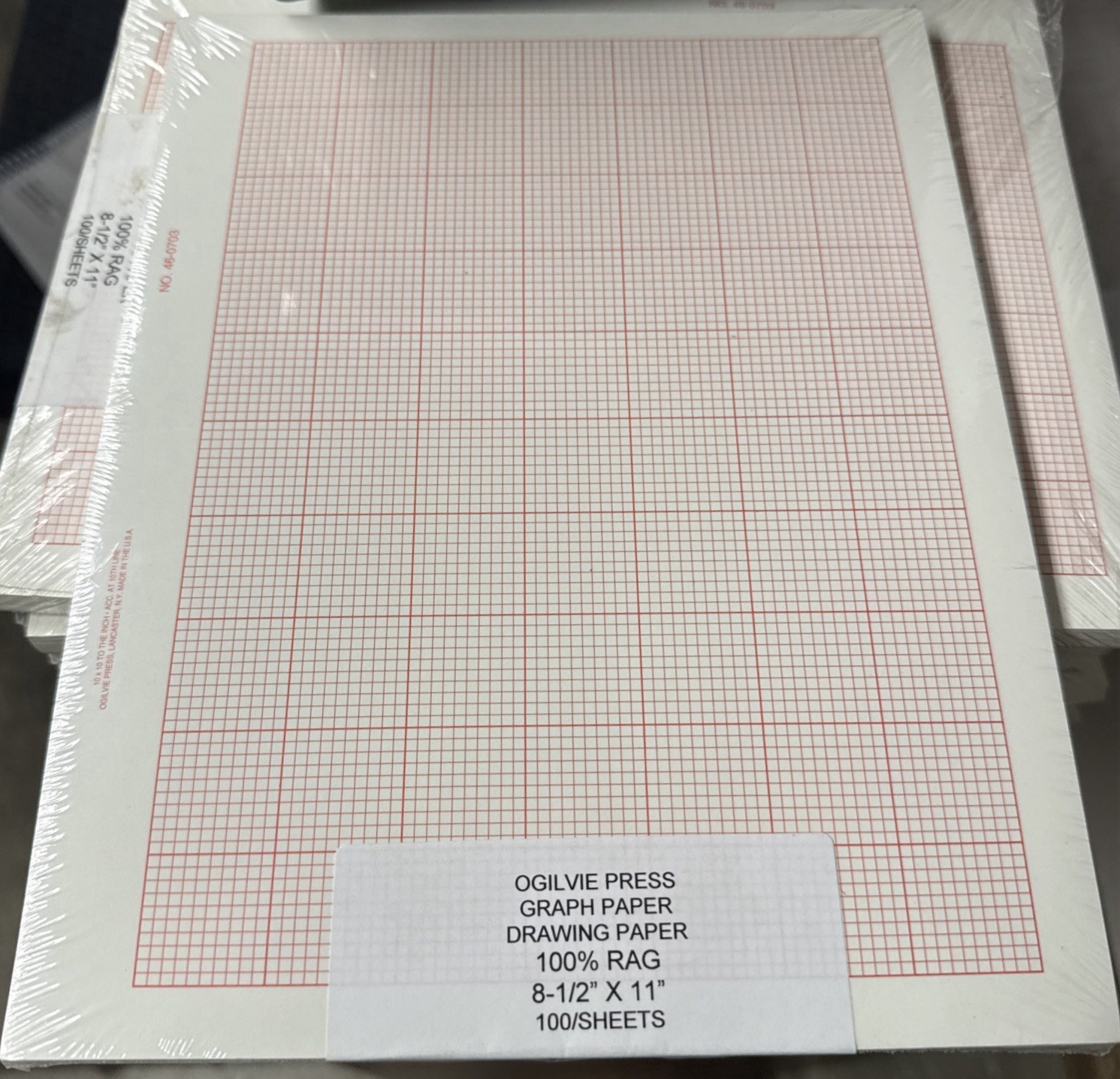 Vintage OGILVIE PRESS GRAPH PAPER 100 Sheets 100% Rag 8-1/2” x 11” Red and White