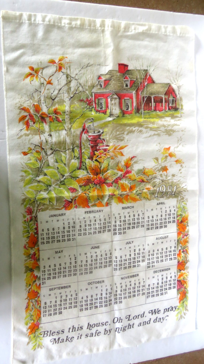 Vintage Calendar Kitchen Dish Towel 1981 Country Red Farmhouse Fall Leaves 