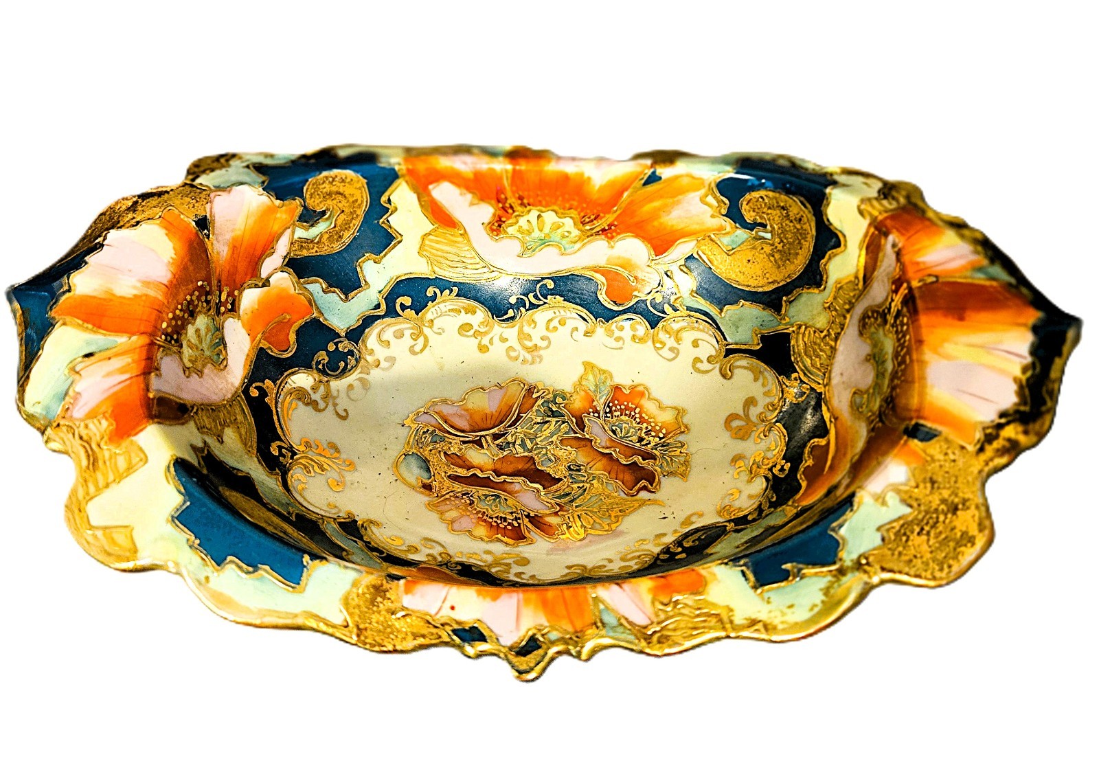 Antique Nippon Kinjo Footed Bowl Hand Painted Orange Poppies Moriage Gold Gilt