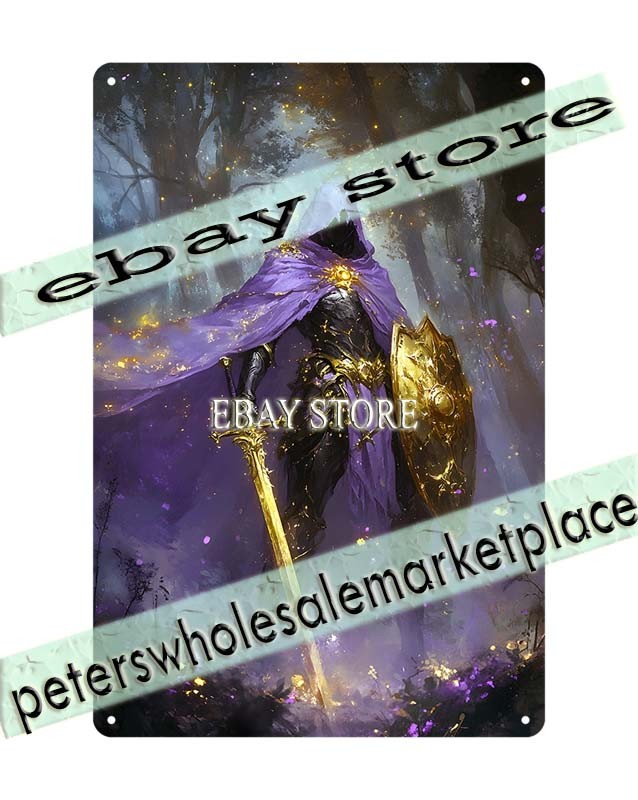 Golden Sentinel Tin Sign Fantasy Warrior Vigil metal wall plaque