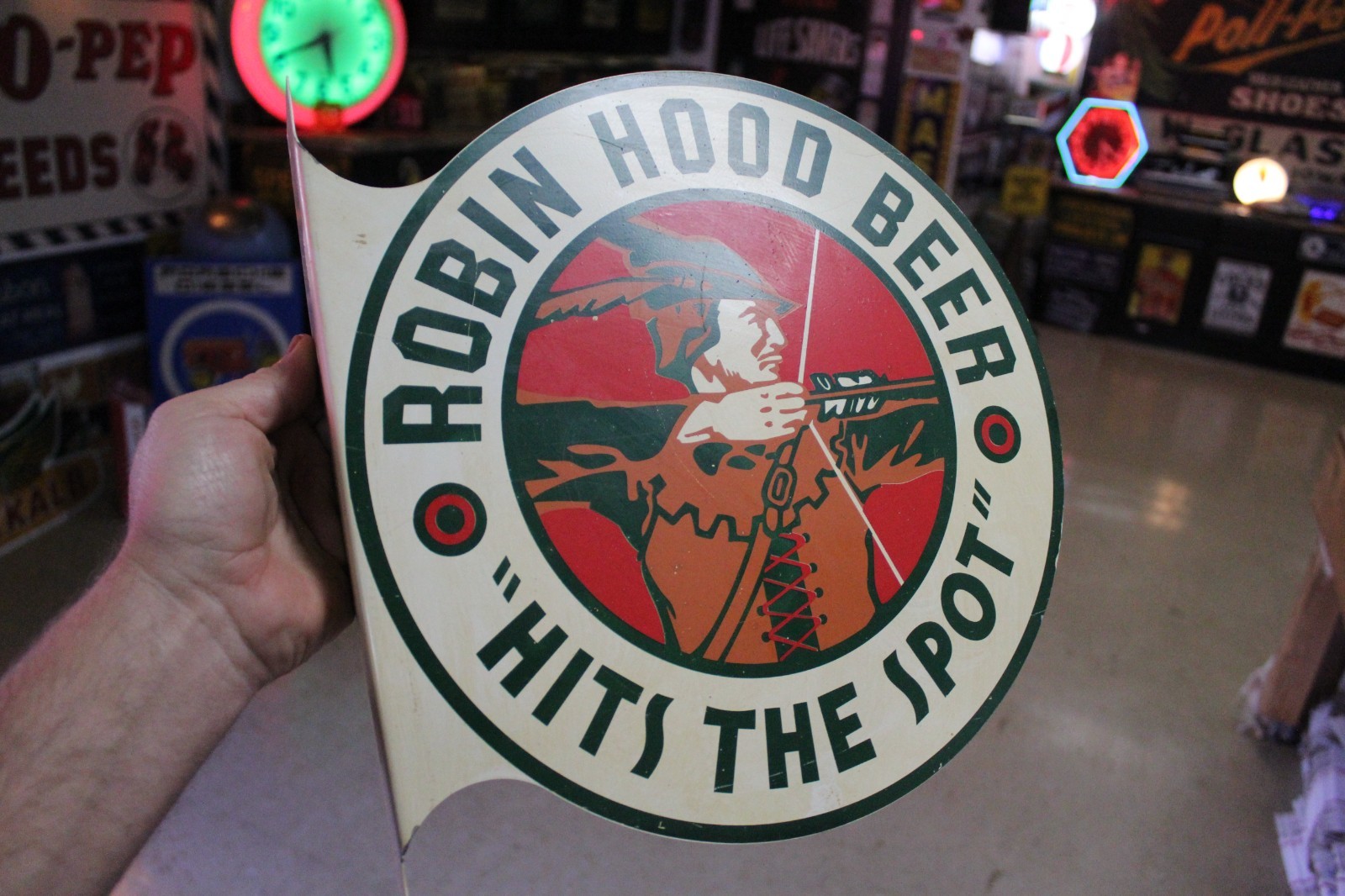RARE 1950s ROBIN HOOD OMAHA NEBRASKA BEER PAINTED METAL 2-SIDED FLANGE SIGN