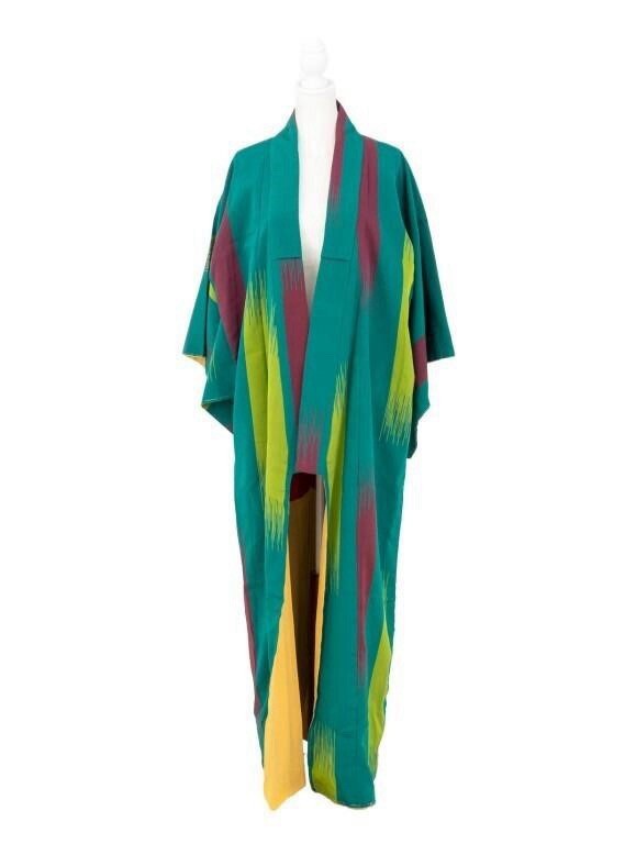 Japanese Silk Blend Geometric Kimono – Striped Front, Color Block Lining