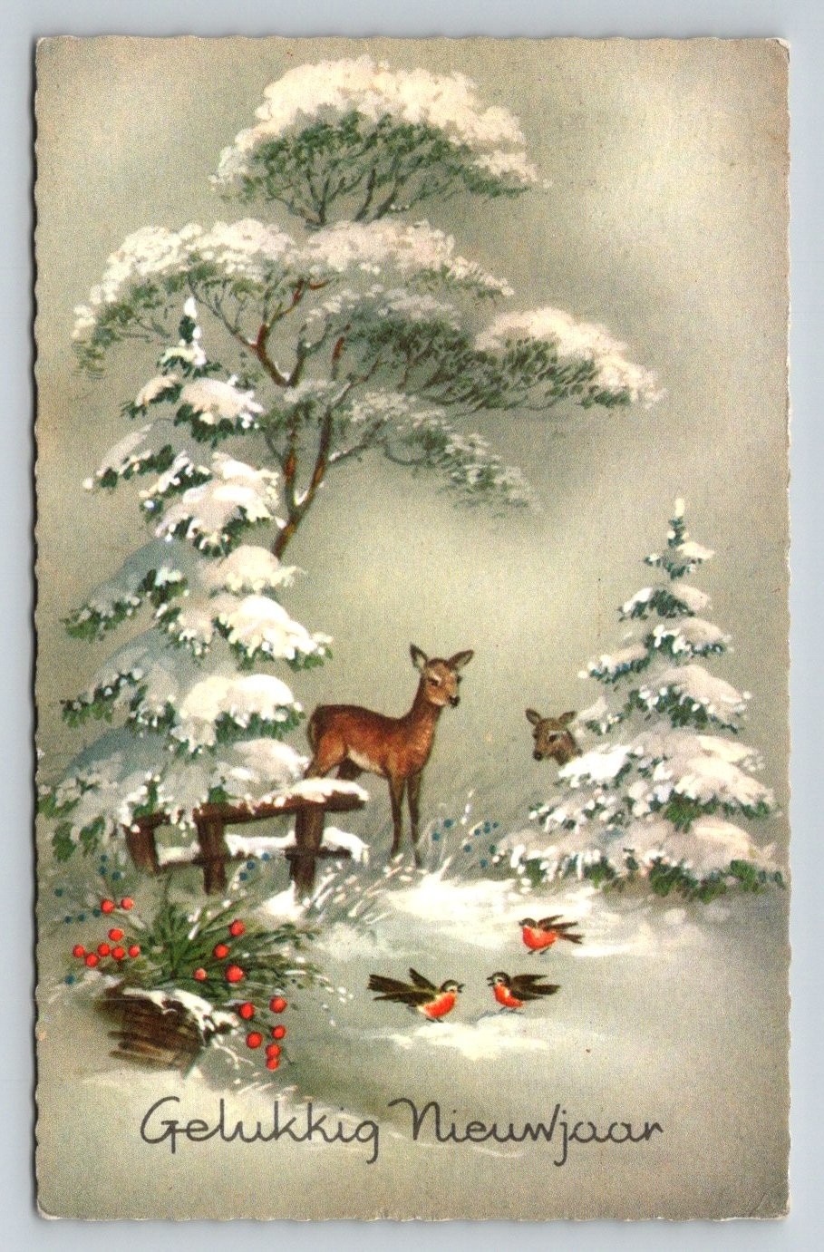 Vintage 1962 Gelukkig Nieuwjaar Deer Birds Winter Scene Postcard Belgium