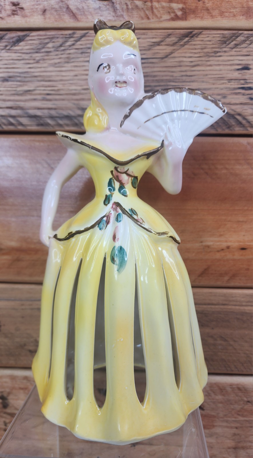 Vintage 1950's Kreiss Napkin Lady Yellow Dress W/ Fan 10” Tall