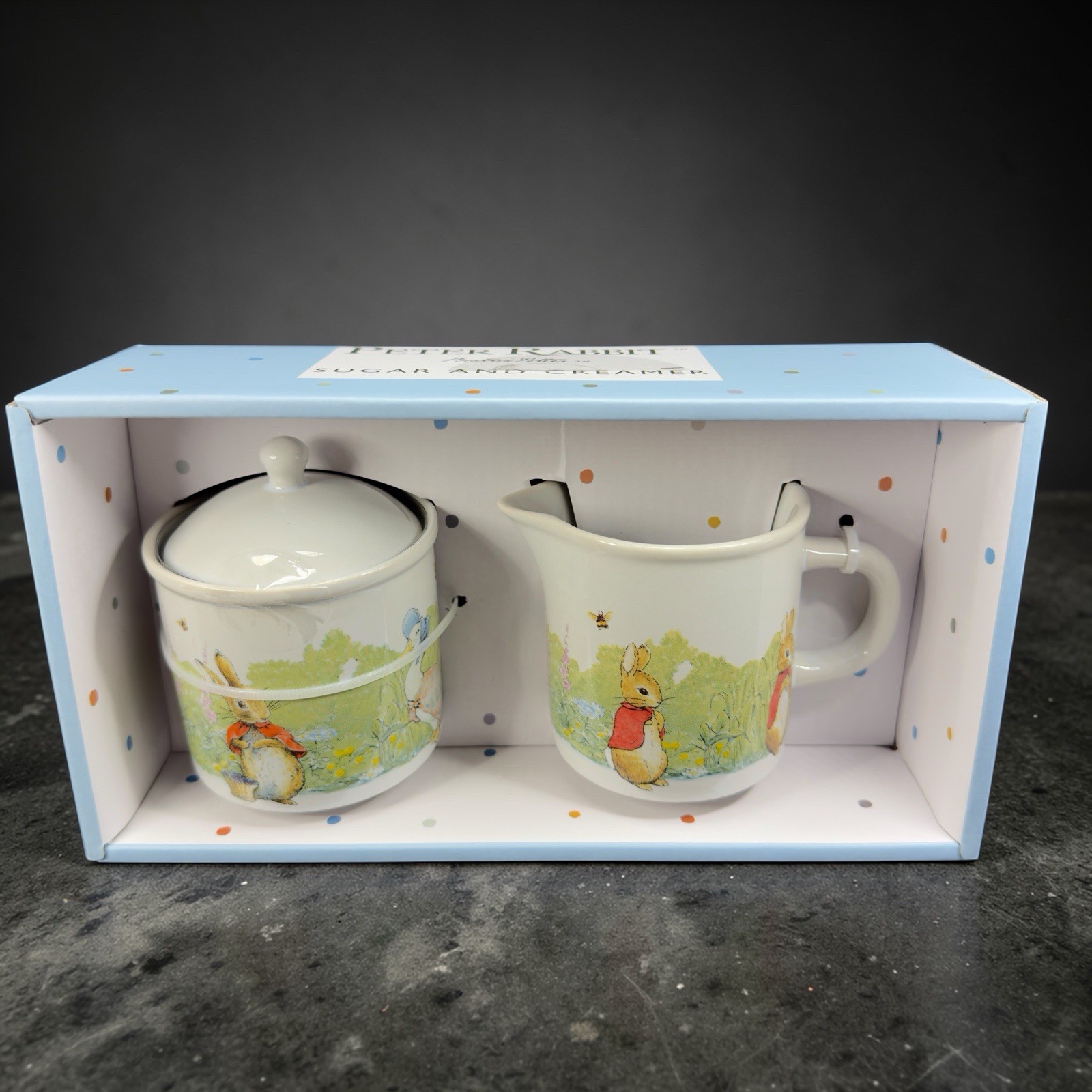 Peter Rabbit Beatrix Potter Sugar and Creamer Set 2 Ceramic New In Box Stoneware